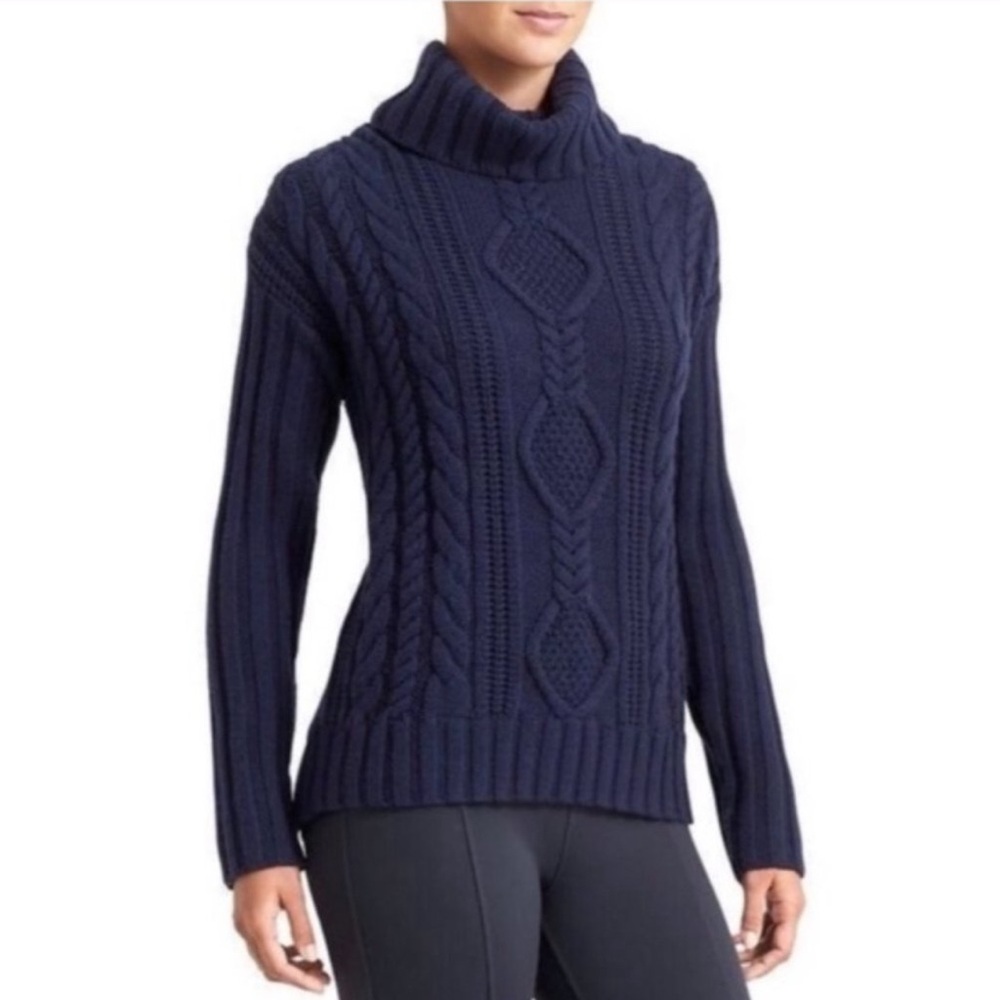 Athleta Navy Blue Wool Turtleneck Chunky Cable Knit Sweater, Size Medium